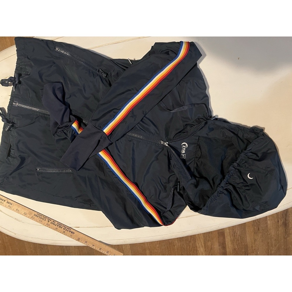 ZYIA Rainbow Stripe Windbreaker 🌈 Blue Hooded Athletic Jacket Retro Sporty XS
